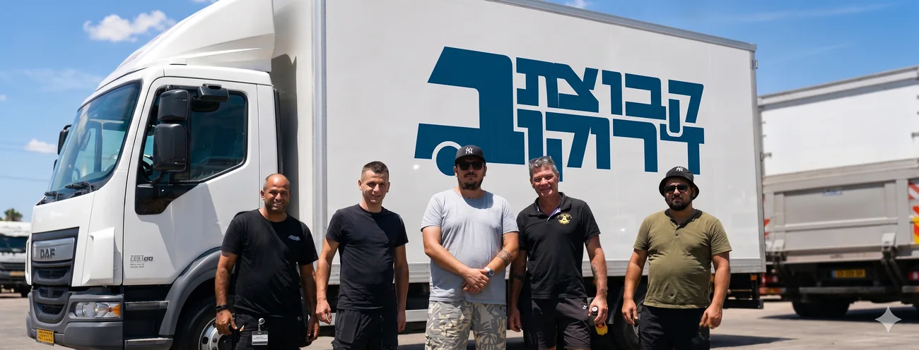 צוות חמישה עובדים עומדים מול משאית הובלות לבנה מסוג דאף, עם לוגו "קבוצת דרוקוב" ברקע.